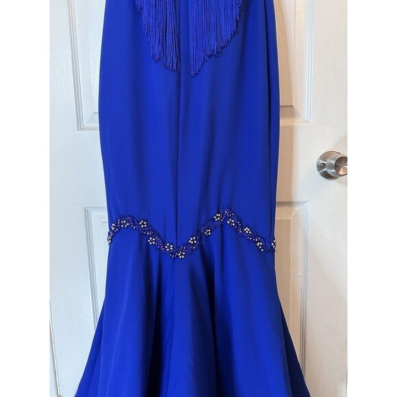 Odrella Royal Blue Event Gown Tassel  Mesh Cut out Beaded Design Size 6 - Picture 9 of 16
